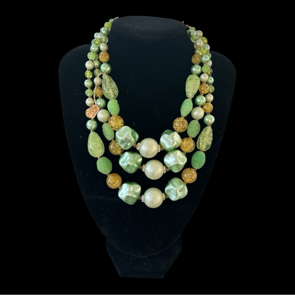NEW VTG 50s/60s Triple Strand Beaded Necklace Green Yellow Japan Statement MCM